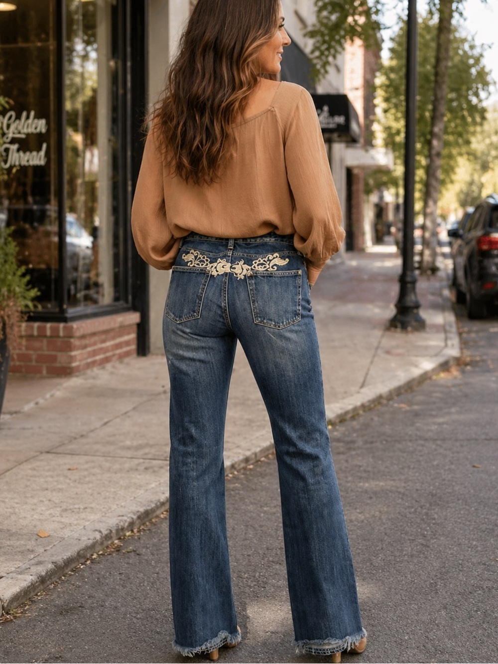 Ananame Bootcut Distressed Straight Legs Embroidered Back Mid Wash Blue Jeans 28